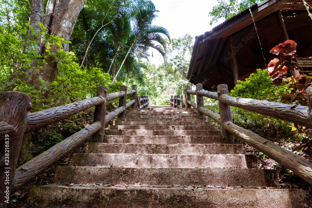 A staircase cement leads down to the waterfalls in nature park in northern Thailand.