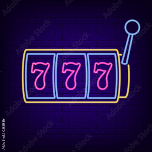 Neon sign of slot machine with lucky sevens jackpot. Casino gaming machine - night light neon signboard. Vector illustration.