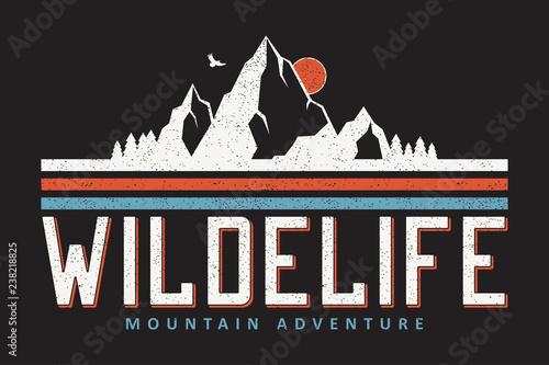 Mountain typography graphics for slogan tee shirt. Outdoor adventure print for apparel, t-shirt design with grunge. Vector illustration.