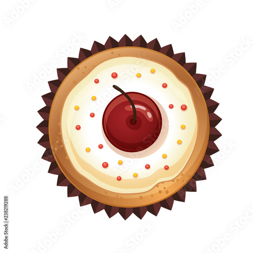 Vector cupcakes with cherries. Top view flat icon on white background.