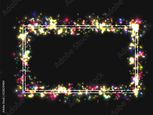 Vector frame in a frame of bright colored lights. On black background. Vector