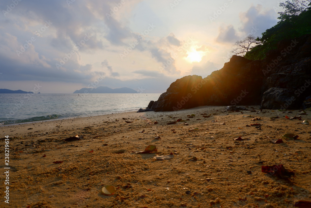 Sunrise beautiful scene on the white sand beach with beautiful sea at Koh Wai island, Trat province, Thailand