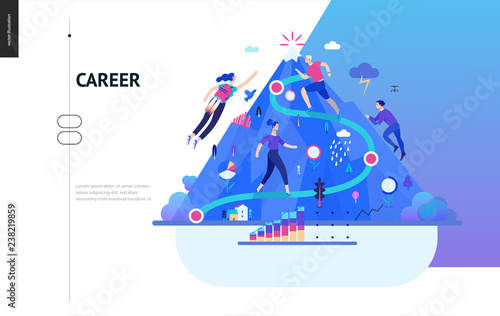 Business series, color 1- career -modern flat vector illustration concept of career - people climbing the mountain. Climbing up the career ladder process metaphor Creative landing page design template