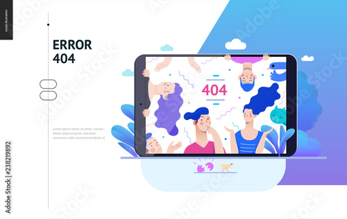 Business series, color 2- error 404 -modern flat vector concept illustration of page Error 404 - puzzled people on the tablet screen. Page not found metaphor Creative landing page design template © grivina