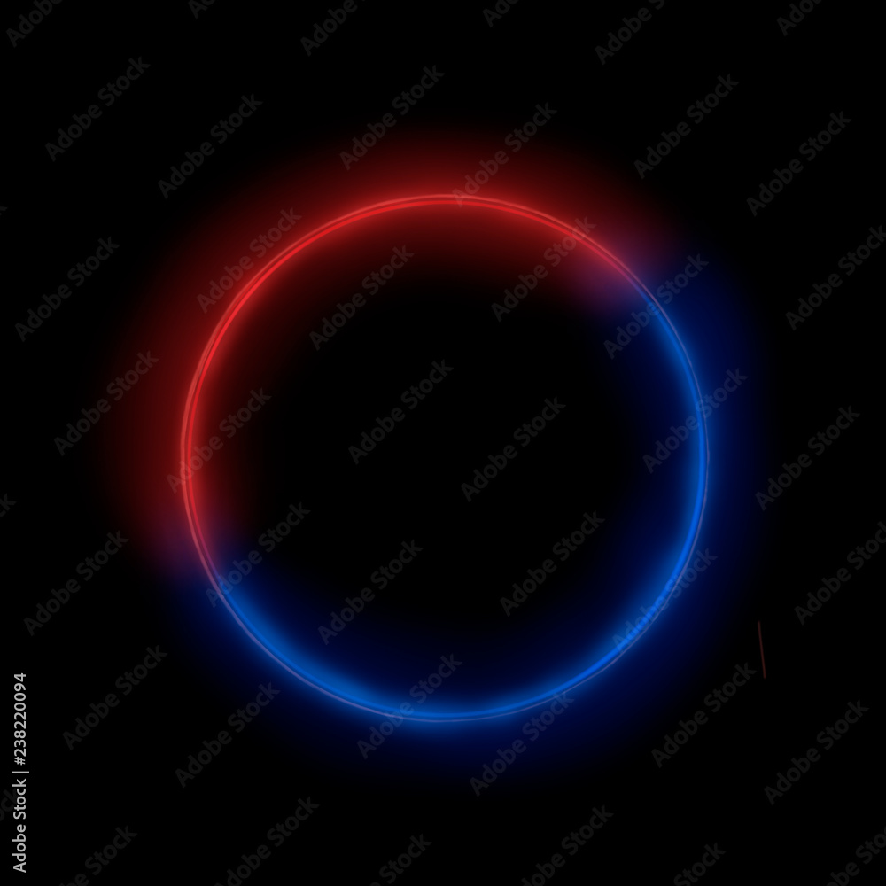Blue and red neon glowing circle at black background. Blue and red neon glowing circle at black background.