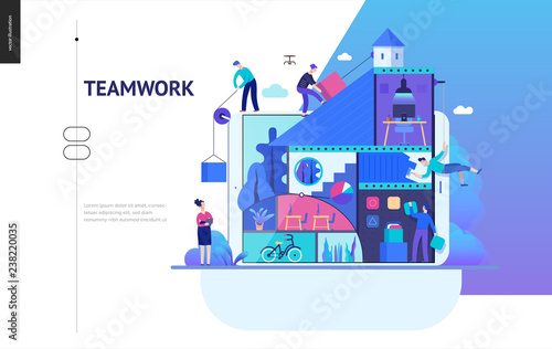 Business series, color 2 -company, teamwork, collaboration -modern flat vector illustration concept of people constructing a company Business workflow management. Creative landing page design template