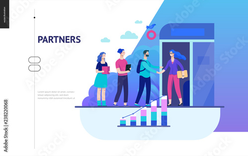 Business series, color 2 - partners -modern flat vector illustration concept of people shaking their hands in the office entrance. Business workflow management. Creative landing page design template