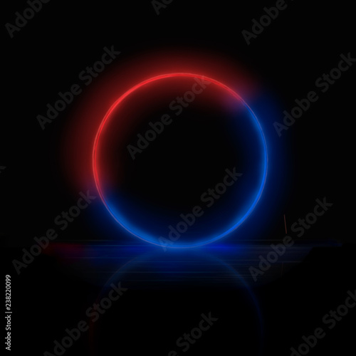 Blue and red neon cirkle frame with reflection isolated at black background. 