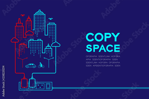 Power strip connect outline stroke set dash line design, City power saving concept illustration isolated glow in blue gradient background