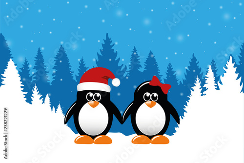 two cute christmas penguins on snowy winter forest background vector illustration EPS10