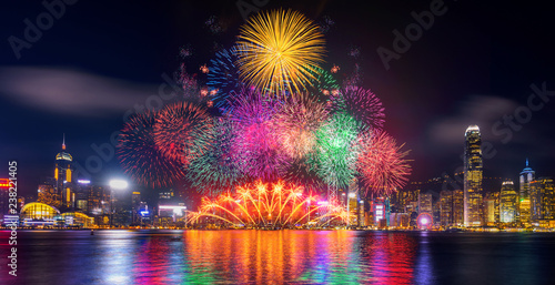 Fotomural Firework festival in Hong Kong at night.