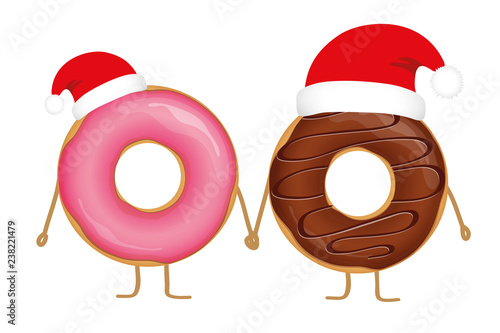pink and choco christmas donut cartoons with santa cap vector illustration EPS10