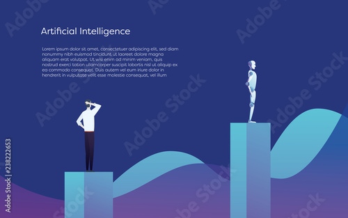Human versus Artificial Intelligence vector concept. AI bot superior to businessman. Symbol of technology advance, innovation, future.