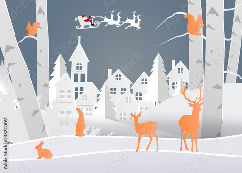 winter season and merry christmas with the animal in the forest, paper art and craft style.