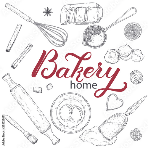 Home bakery set with rolling pin, beater, mold, strainer, flour, eggs, butter, lemon, spices. Hand drawn sketch.