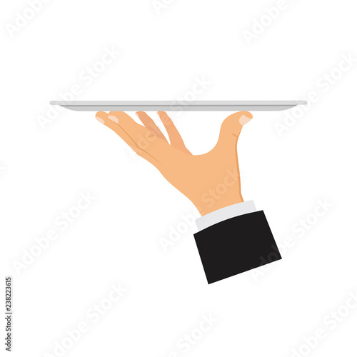 Hand with tray. Hands of the waiter with a tray. Concept service and delivery. Vector illustration.