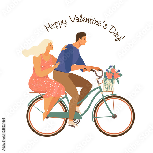 Happy couple is riding a bicycle together and happy valentines day. Illustration vector of Love and Valentine Day.