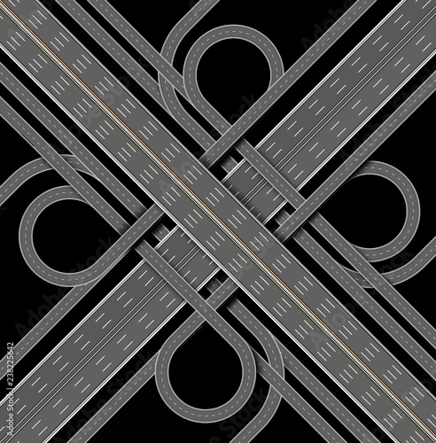 Car highway. Ring road, orbital road, beltline, beltway, loop on black background. The denouement of the many roads. Top view. Vector illustration