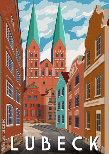 Summer day in Lubeck, Germany. Retro style poster.