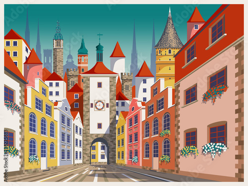 Medieval fantasy urban landscape. Handmade drawing vector illustration.