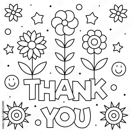 Thank you. Coloring page. Black and white vector illustration.