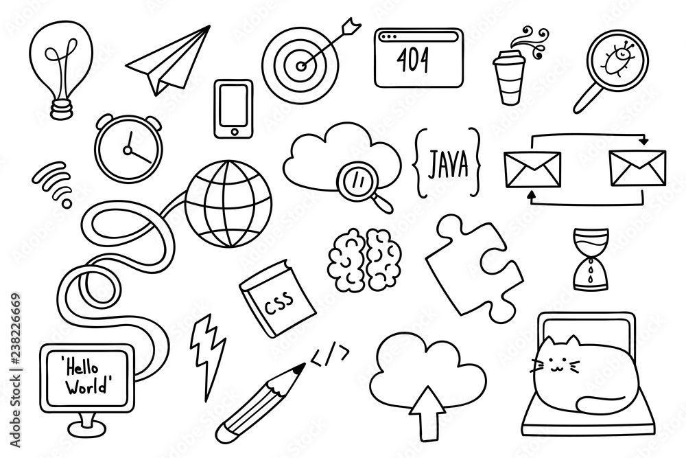 Doodle set with web development objects. Programmer's items in cartoon  outline. Easy to change color. Vector doodle art. Stock Vector | Adobe Stock