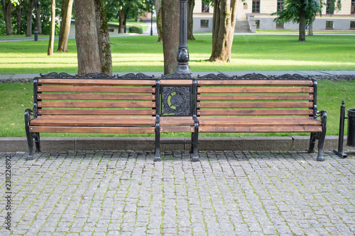Wooden bench in the city park summer