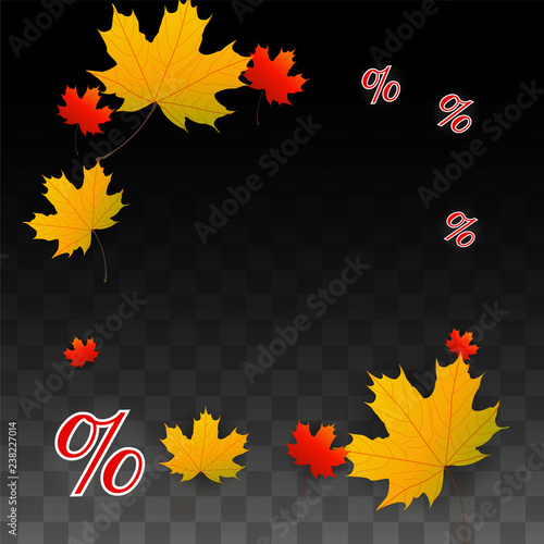 Vector Percentage Sign and Autumn Leaves Confetti on Transparent Background. Percent Sale Background. Business  Economics  Finance Print. Discount Illustration. Promotion poster. Black Friday Banner. 