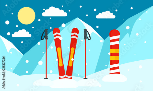 Mountain ski snowboard banner. Flat illustration of mountain ski snowboard vector banner for web design