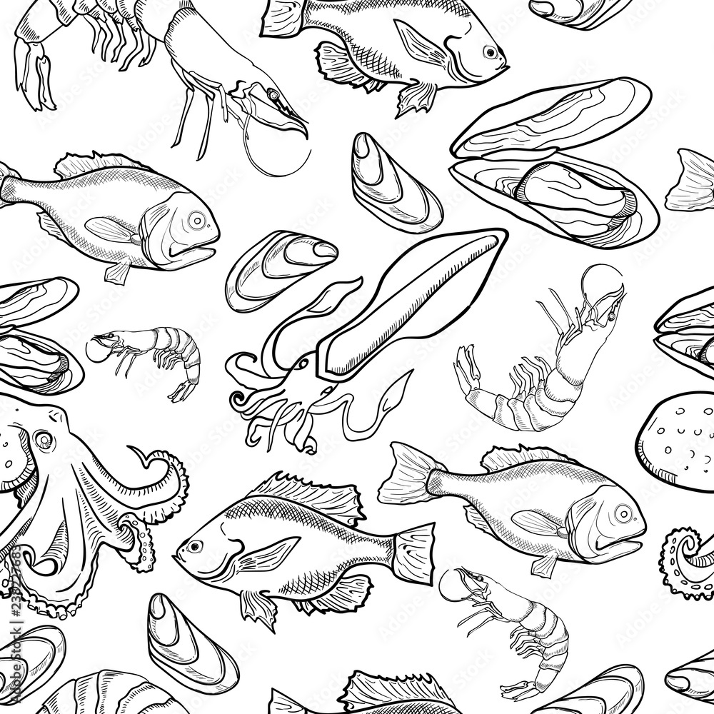 Obraz premium Pattern with set of sea food products