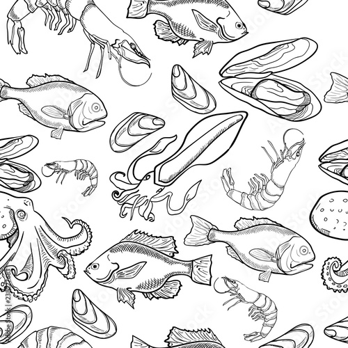 Pattern with set of sea food products © egorka87