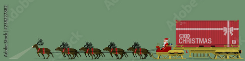 Santa and his nine reindeer are delivering the big present in the container.