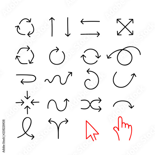 Doodle arrow icons isolated on white backgrounds. Hand-drawn vector clip-art