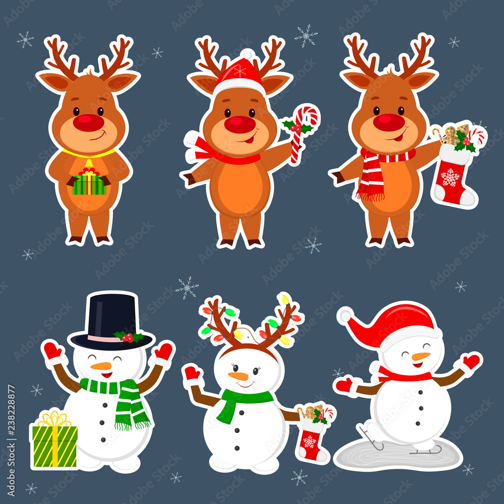 New Year and Christmas card. A set sticker of three snowmen and three deer characters in different hats and poses in winter. Box with a gift, sock and ginger biscuits. Cartoon style, vector New Year and Christmas card. A set sticker of three snowmen and three deer characters in different hats and poses in winter. Box with a gift, sock and ginger biscuits. Cartoon style, vector
