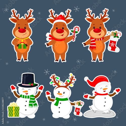 Fototapeta Naklejka Na Ścianę i Meble -  New Year and Christmas card. A set sticker of three snowmen and three deer characters in different hats and poses in winter. Box with a gift, sock and ginger biscuits. Cartoon style, vector