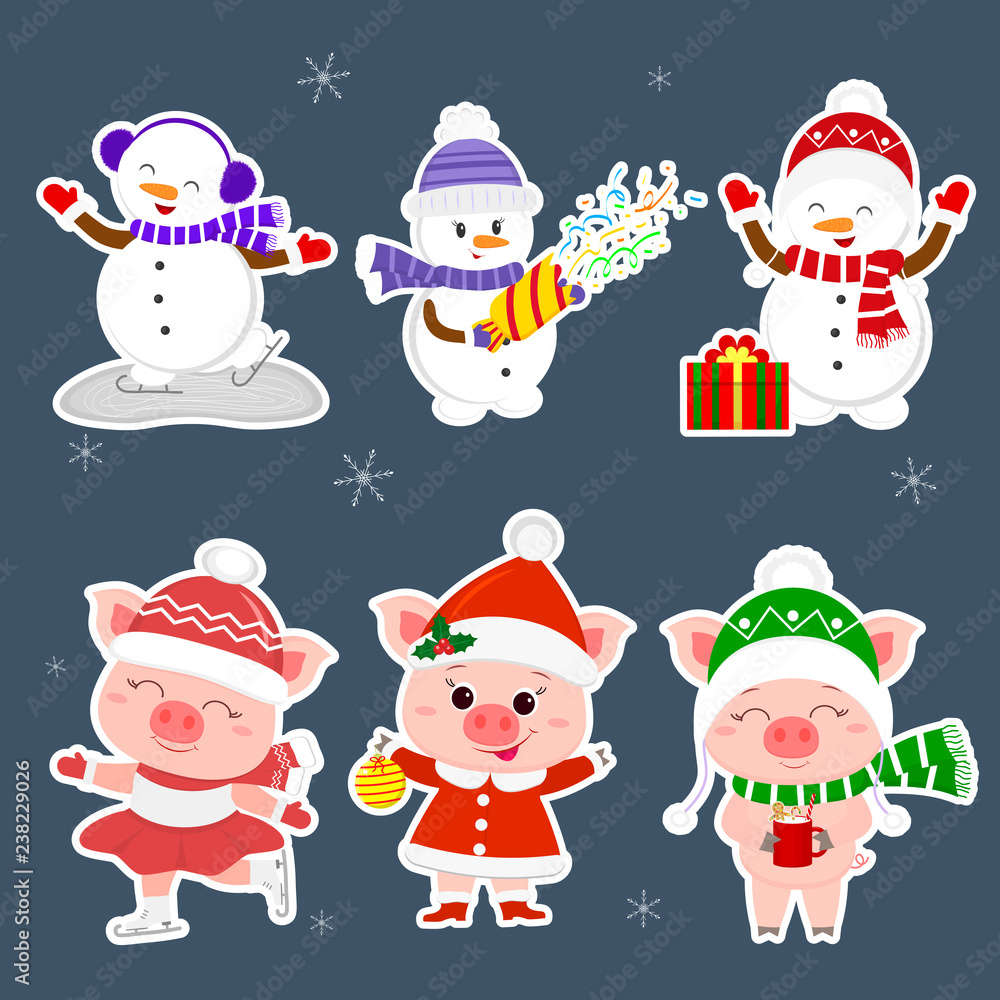 New Year and Christmas card. A set sticker of three snowmen and three pigs character in different hats and poses in winter. Gift box, skating rink, crackers, drink. Cartoon style, vector