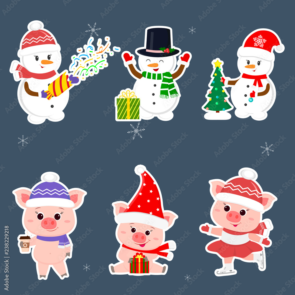 New Year and Christmas card. A set sticker of three snowmen and three pigs is typical in different hats and poses in winter. Gift box, Christmas tree, hot drink. Cartoon style, vector
