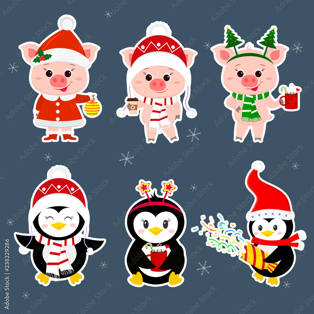 New Year and Christmas card. A set of sticker three piglets and three penguins character in different hats and poses in winter. Gift box, poppers, hot drink. Cartoon style, vector