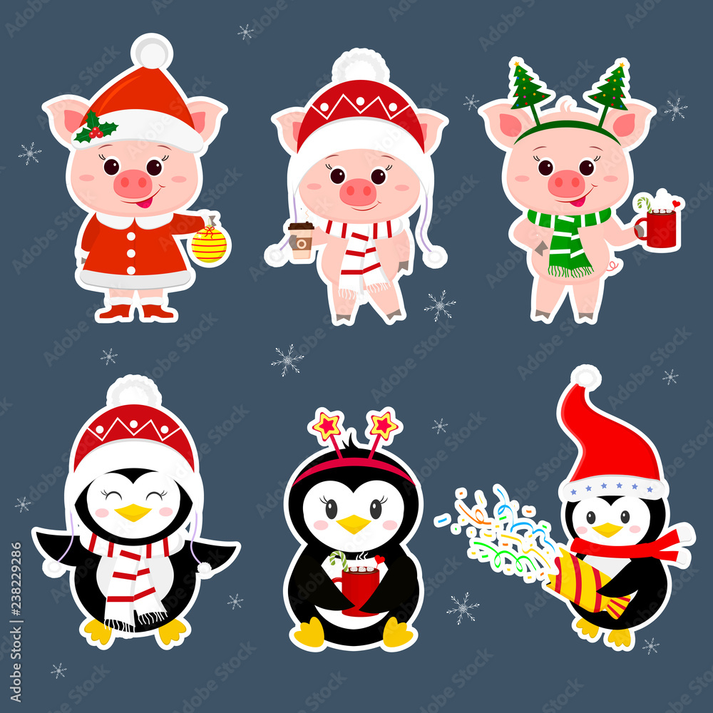 New Year and Christmas card. A set of sticker three piglets and three penguins character in different hats and poses in winter. Gift box, poppers, hot drink. Cartoon style, vector New Year and Christmas card. A set of sticker three piglets and three penguins character in different hats and poses in winter. Gift box, poppers, hot drink. Cartoon style, vector