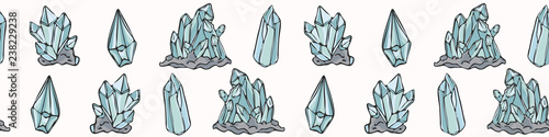 Sacred Esoteric Quartz Crystal Magic. Hand Drawn Seamless Vector Border. Precious Stone Energy Banner. Earth Energy Consciousness Symbols. Spiritual Concept Gemstone Meditation Healing. Turquoise Blue