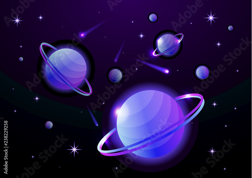 Fantastic space background with planets with ring, stars and comets. Astronomy and space, celestial objects, astrology and the universe, the space of galaxies and cosmic lights. Vector illustration.