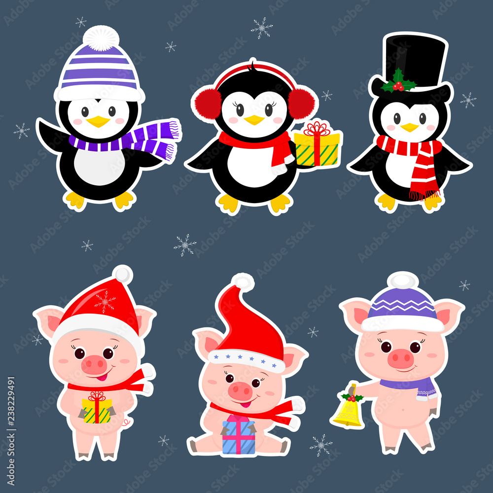 New Year and Christmas card. A set sticker of three piglets and three penguins is typical in different hats and poses in winter. Gift box, bell. Cartoon style, vector New Year and Christmas card. A set sticker of three piglets and three penguins is typical in different hats and poses in winter. Gift box, bell. Cartoon style, vector