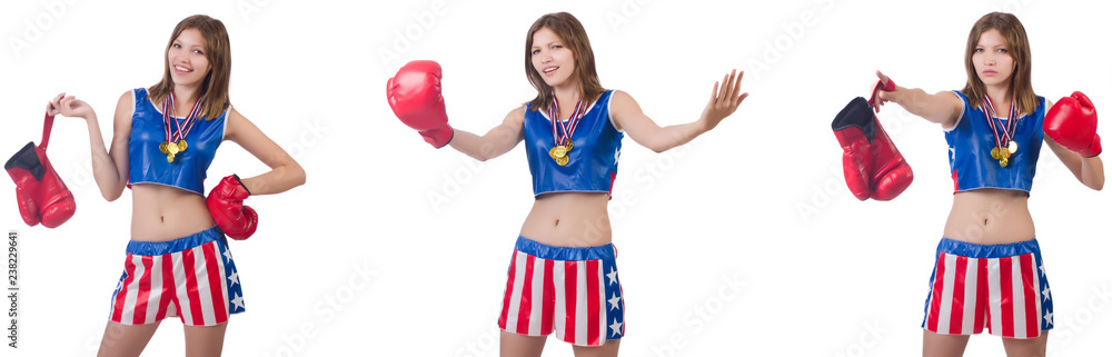 Young female boxer with gold medal isolated on white Young female boxer with gold medal isolated on white