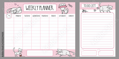 Weekly planner template and to do list with different cute cats,adorable pets photo