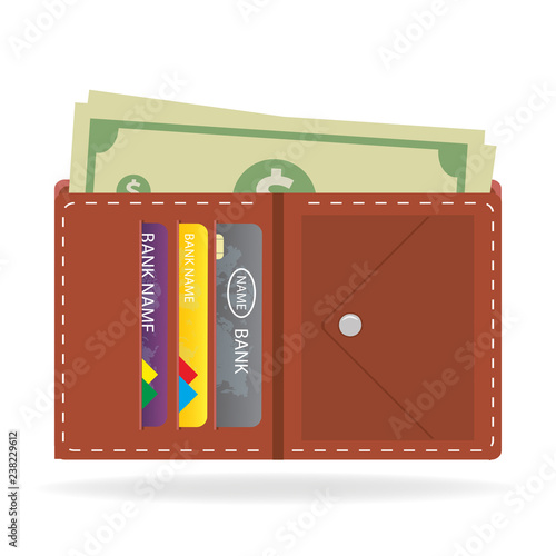 Flat style money wallet with money and credit cards,isolated on white background,
