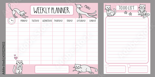 Weekly planner template and to do list with different cute cats,adorable pets