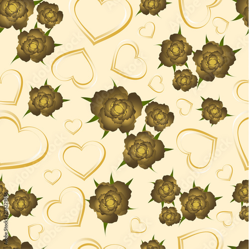 Romantic seamless pattern with rose buds and a heart on a light background. Arranged in random order. For printing on fabric cover. Vector illustration in retro style.