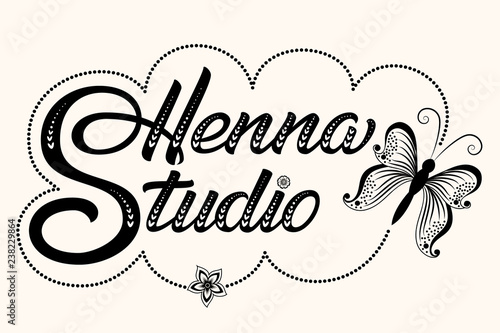 Hand drawn decorated lettering Henna Studio. Vector Ink illustration. Template for tattoo or mehndi studio. Elegant lettering with butterfly.