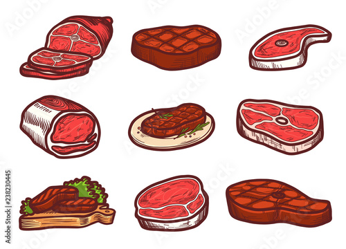 Steak icon set. Hand drawn set of steak vector icons for web design