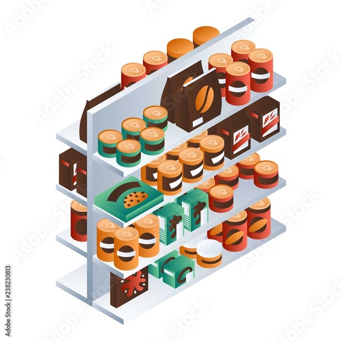 Supermarket food shelf icon. Isometric of supermarket food shelf vector icon for web design isolated on white background